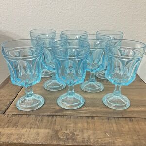 5 1/4 Inch Aqua Blue Pedestal Tumblers Fairfield By Anchor Hocking Set Of Eight‎